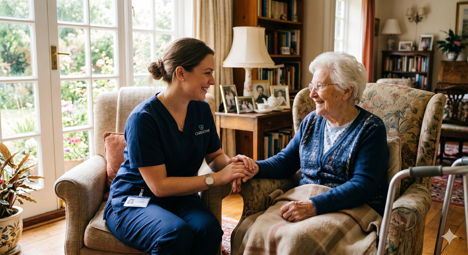 A smiling home-care nurse holding the hand of an elderly woman seated in a sunlit living room
