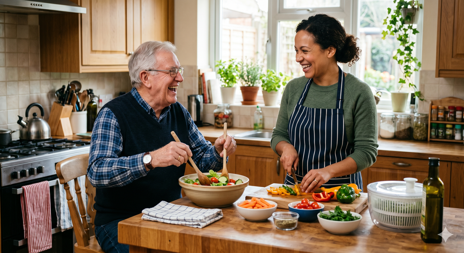 A caregiver and an older man laughing together while preparing food in a kitchen